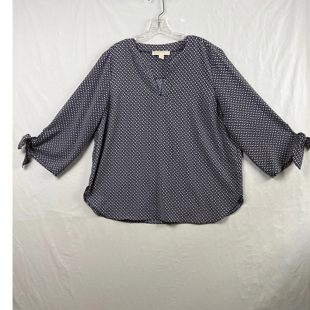 Michael Kors Blouse Women XL Navy Blue Floral V-Neck Tie Sleeve Top